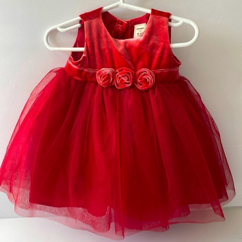 OLD NAVY Girl's Red S/L Velvet Dress 2 Layers Tulle Shell Size 6-12 Months